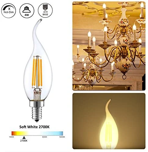 Candelabra Bulb Flame Tip 40W Equivalent Dimmable E12 Filament Candle Bulbs 4W 450 Lumens 2700K Warm White Ca10 LED Chandelier